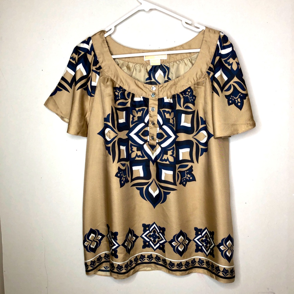 Michael Kors Flowy Short Sleeve Gold & Blue Blouse